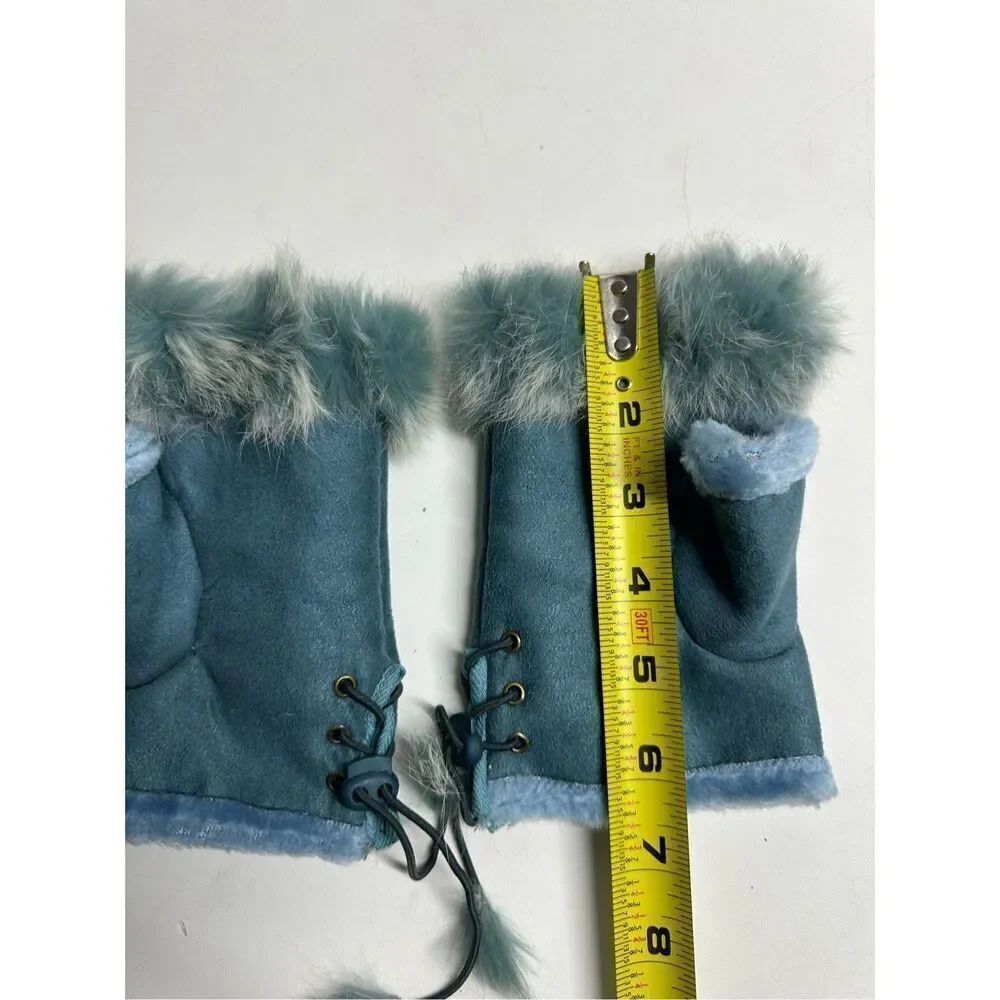 Women’s Faux Suede Fingerless Gloves Sky Blue One Size Rabbit Fur Trim Lace Up